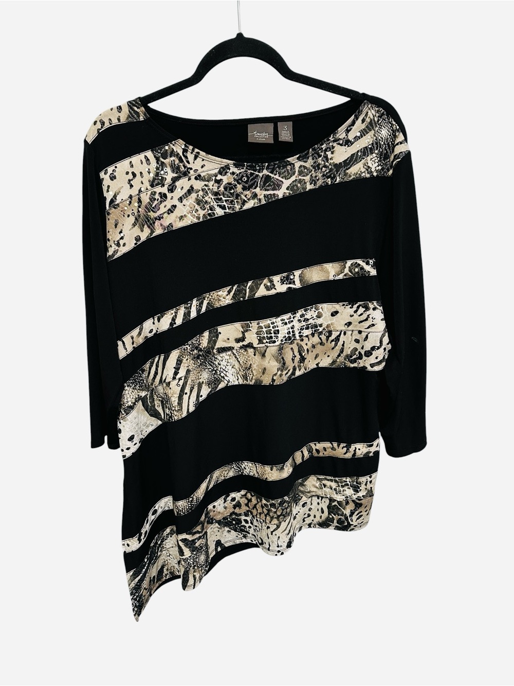 Chico’s Travelers asymmetrical slinky knit animal print sequined top Size XL